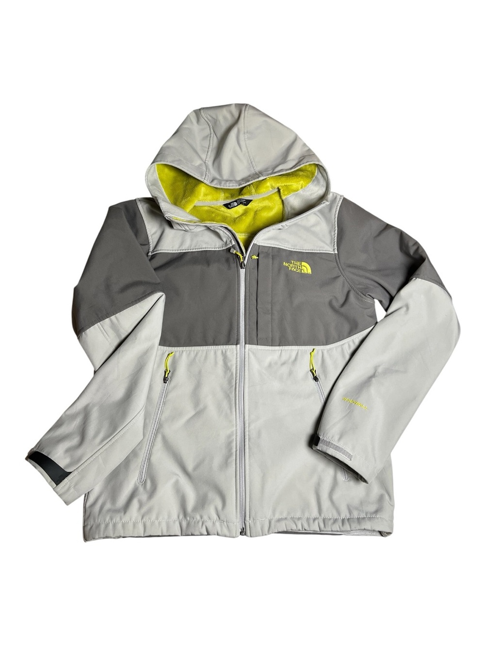 The North Face Windwall Gray and Charcoal Softshell Jacket with Lime Accents